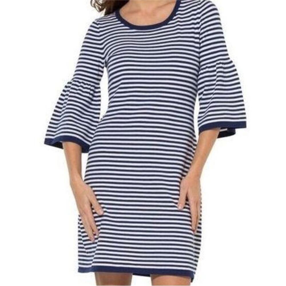 Sail to Sable Navy and White Striped Bell Sleeve Sweater Dress M